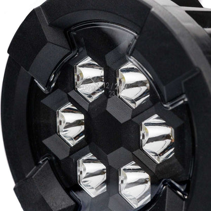 Close-up of six reflective LED lenses in black housing of Work light RAPTOR (focused light, 2600 lm) LRD 3189