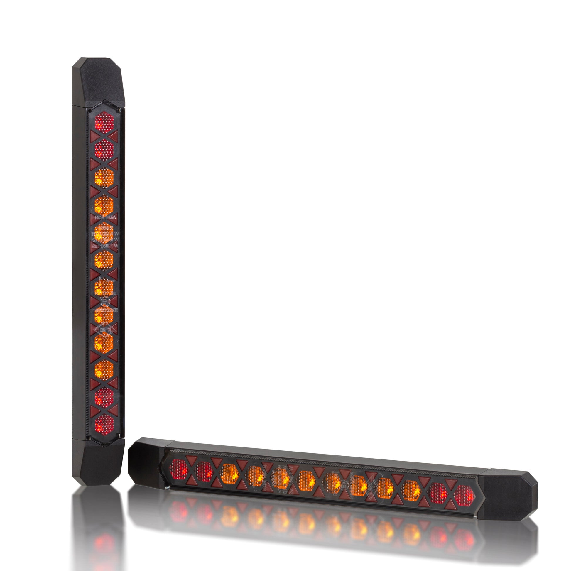 Rear Multifunction Amber and Red LED Light With Static Direction Indicator LIZARD LZD 3140 shown vertical and horizontal.