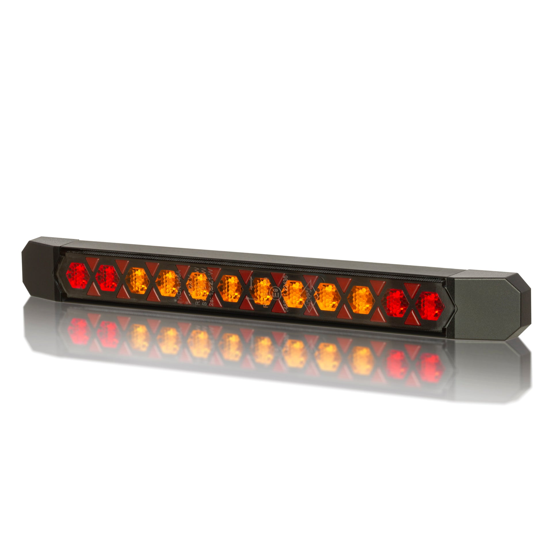 Rear Multifunction Amber and Red LED Light With Static Direction Indicator LIZARD LZD 3140 shown on reflective surface.