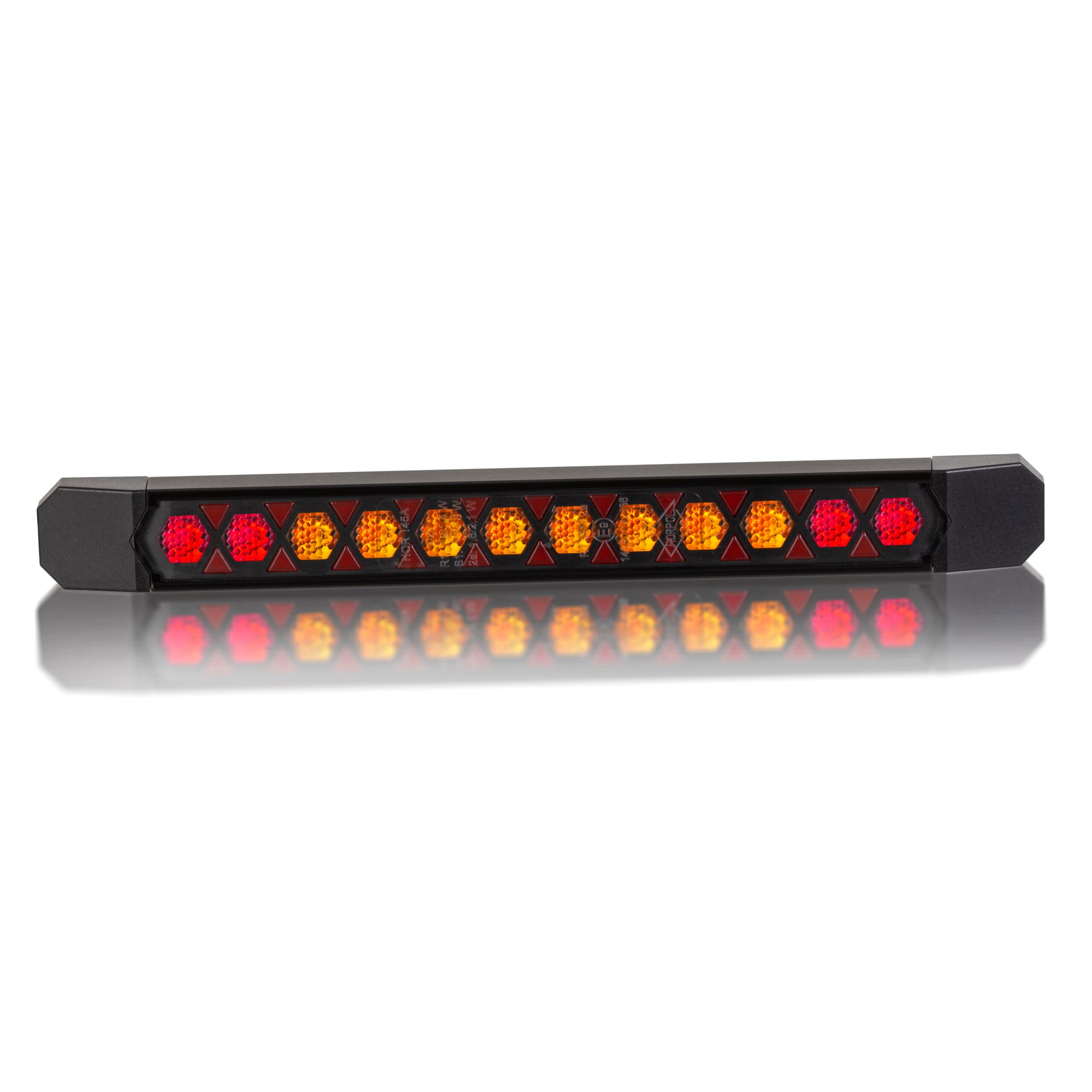 Rear Multifunction Amber and Red LED Light With Static Direction Indicator LIZARD LZD 3140 shown lit on reflective surface.