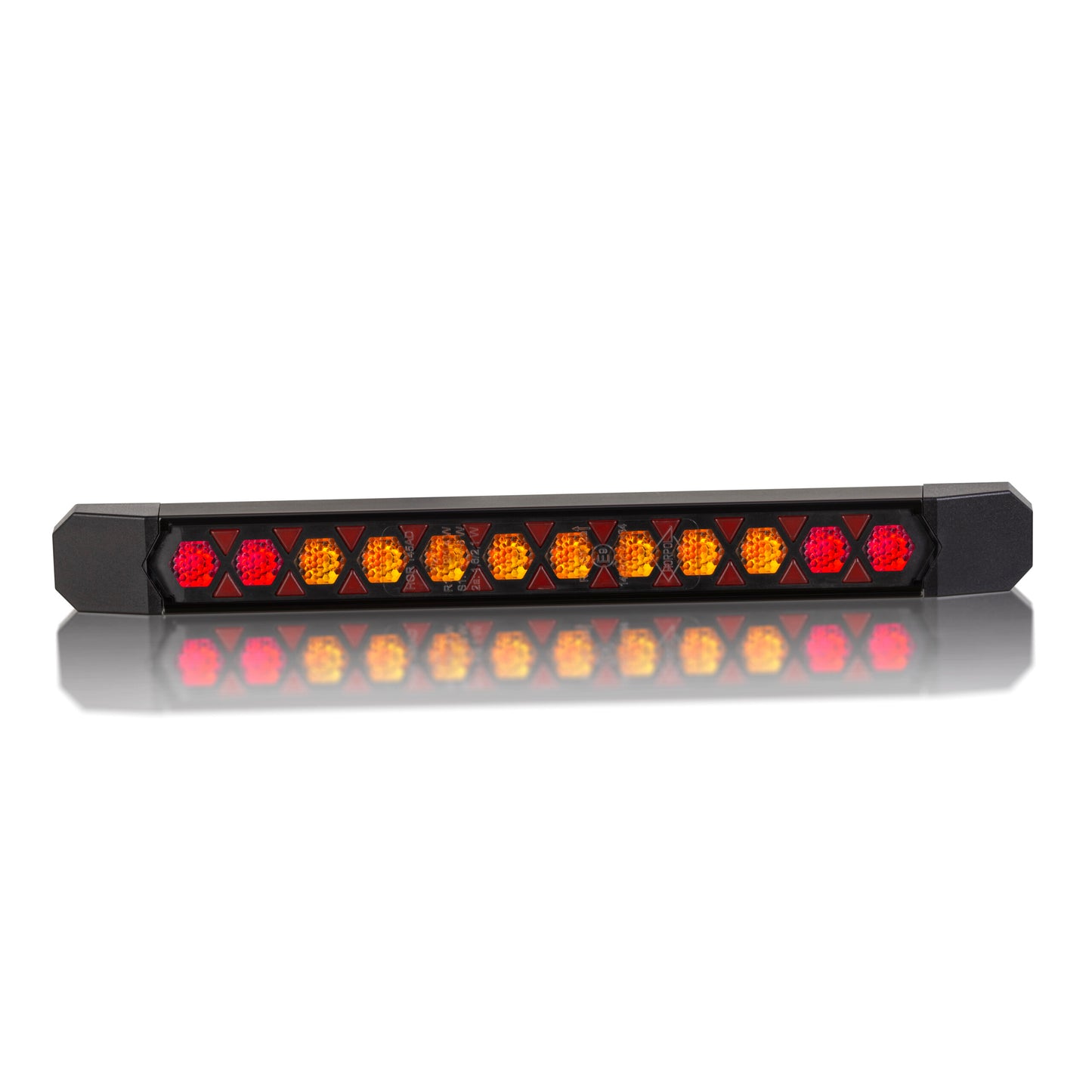 Rear Multifunction LED Amber and Red Light With Dynamic Direction Indicator LIZARD LZD 3141 shown lit on white background