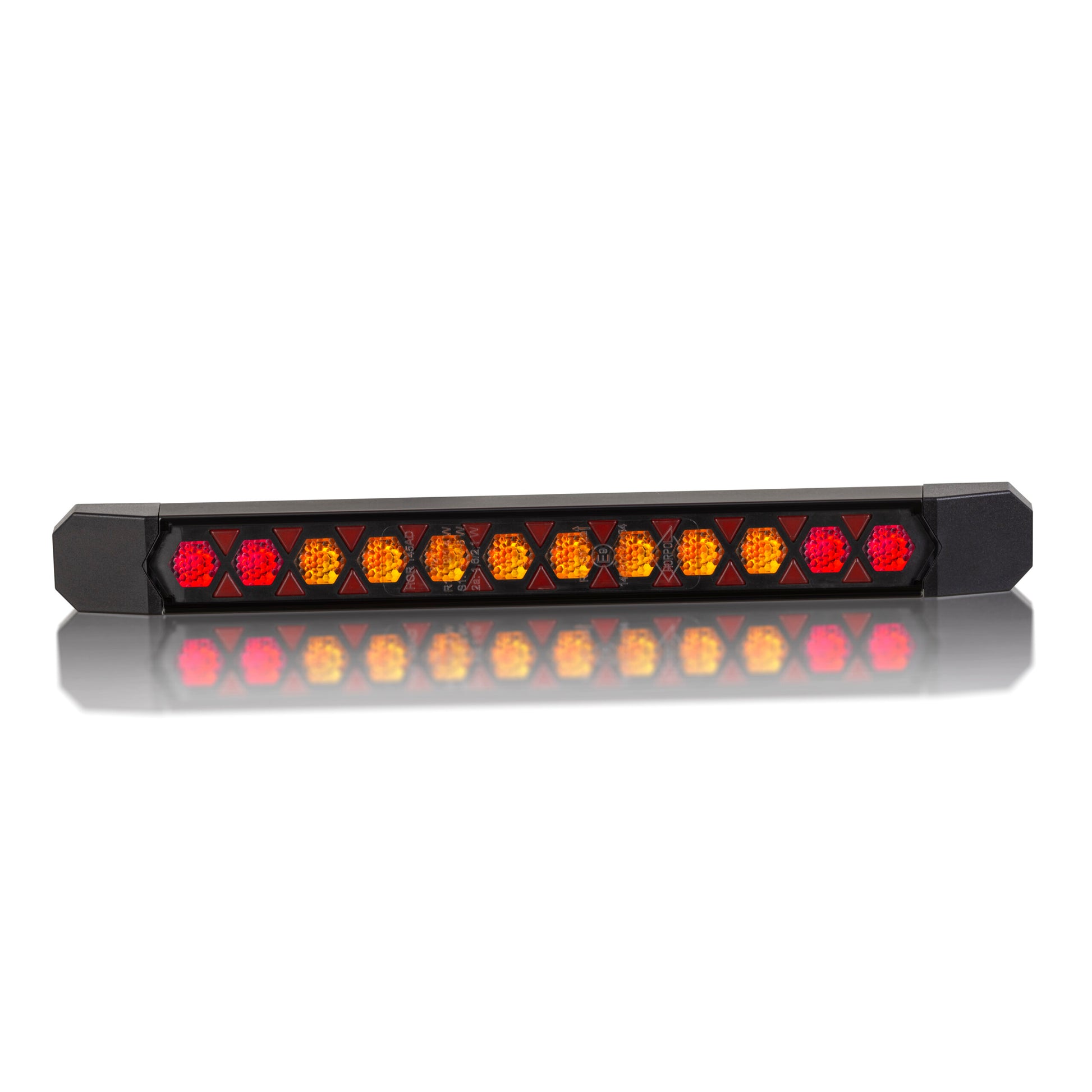 Rear Multifunction LED Amber and Red Light With Dynamic Direction Indicator LIZARD LZD 3141 shown lit on white background