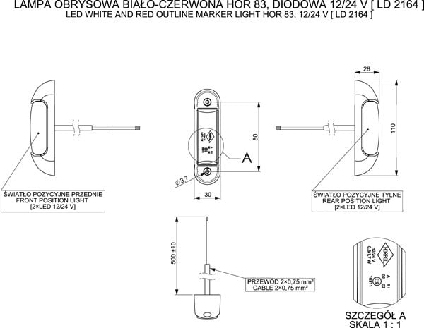 Red and White Dual Function LED Marker Light LD 2164 with front white and rear red LEDs, HOR 83, 12V/24V, universal mount.