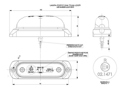 Oval LED Marker Light LD 379 technical drawing showing dimensions, mounting, and LED placement for side and rear vehicle use.