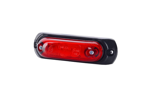 Oval LED Marker Light LD 379 red side marker light with 3 LEDs, rubber mounting pad, and universal fit for vehicles.