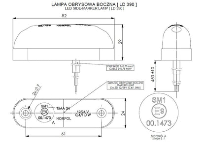 Technical drawing schematic of the Marker Light LD 390 LED side marker lamp with detailed dimensions and specifications.