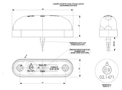 Marker Light LD 410 oval LED rear marker light with 3 LEDs, universal mount, for 12V/24V vehicles in red, orange, or white.