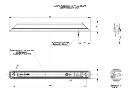 Technical drawing of the Marker Light LD 473 showing dimensions and wiring details for rear LED marker light installation.