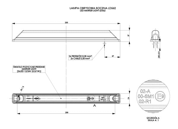 2 Orange LED Side Marker Light LD 562 technical diagram with dimensions and wiring details for vehicle side marking.