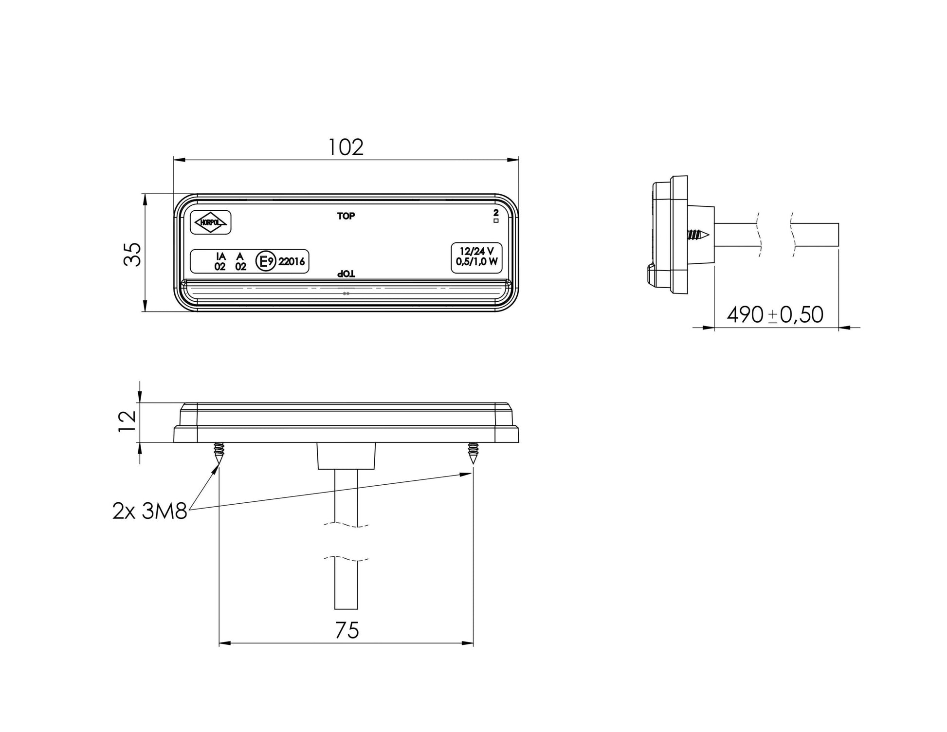 LED Amber Marker Light Slim Xs LKD 2436 with dimensions and mounting details for vehicle installation.