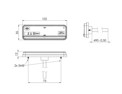 LED Amber Marker Light Slim Xs LKD 2436 with dimensions and mounting details for vehicle installation.