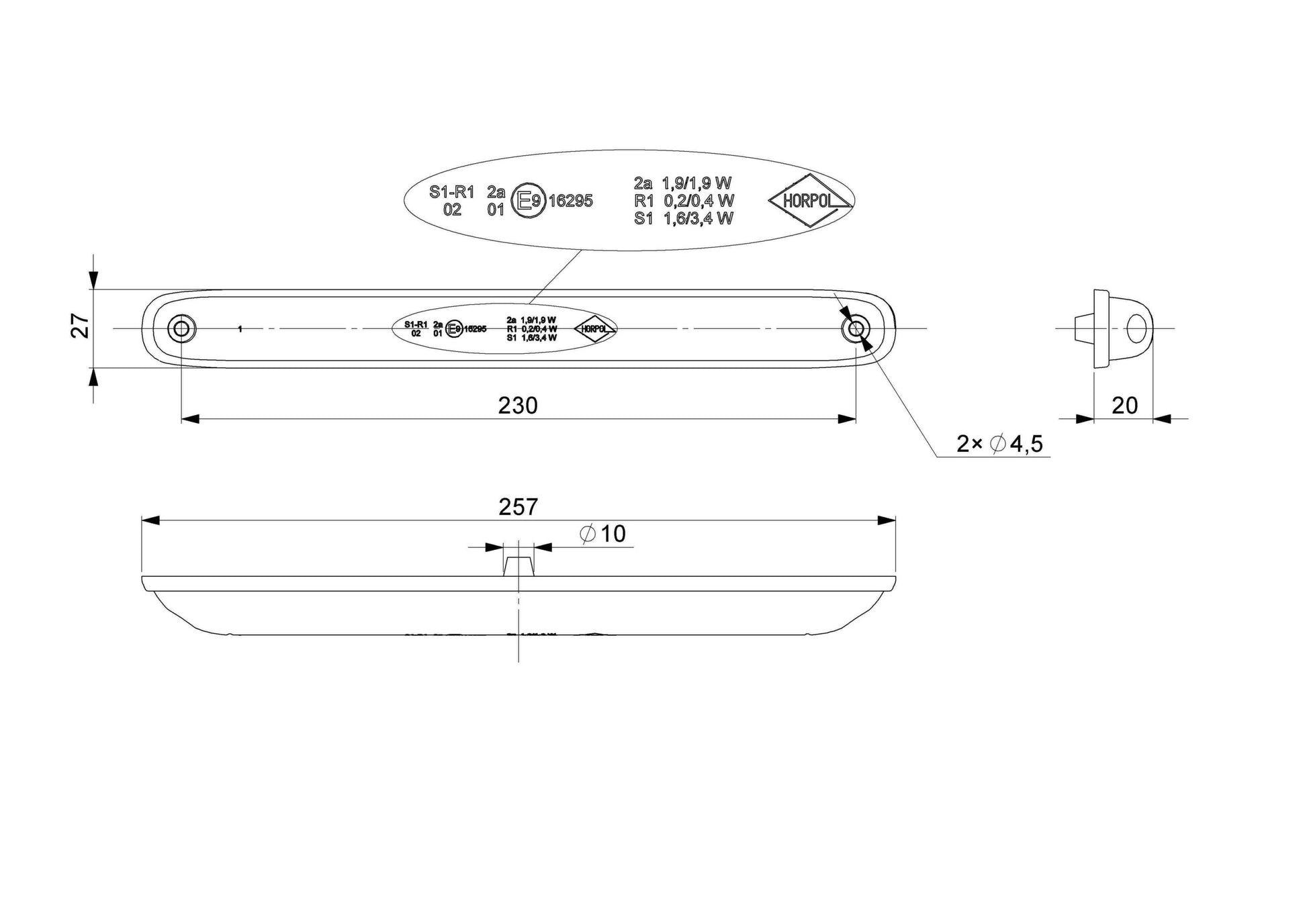 3 Function Red and Orange Rear LED Light Slim Design LZD 2246 technical drawing with dimensions and mounting details.