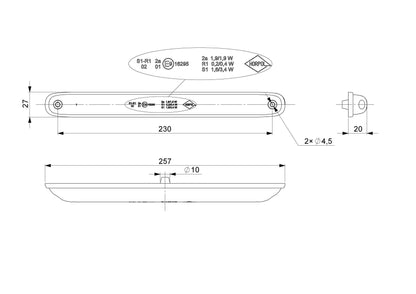 3 Function Red and Orange Rear LED Light Slim Design LZD 2246 technical drawing with dimensions and mounting details.