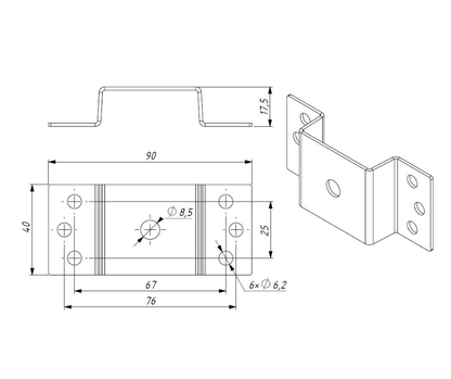 Omega Trobucho holder steel bracket with omega profile, multiple mounting holes, and corrosion-resistant finish, 90mm wide.