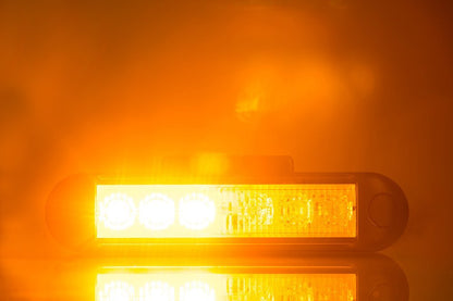 Amber LED Flashing Warning Light LDO 2780 with 6 LEDs, 4 flash patterns, dual brightness, and IP68 waterproof rating.