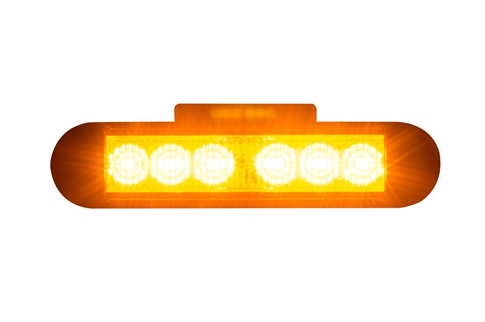 LED Amber Flashing Warning Light LDO 2782 with 6 high-intensity amber LEDs and 4 flash patterns lit bright.