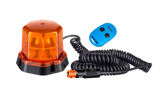 LED Magnetic Warning Light With a Remote Control RL 2278 with orange beacon, coiled wire, and blue remote control.